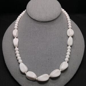 Vintage Milk Glass Bead Necklace 1950s White Round and Oval Beads 19 Inch